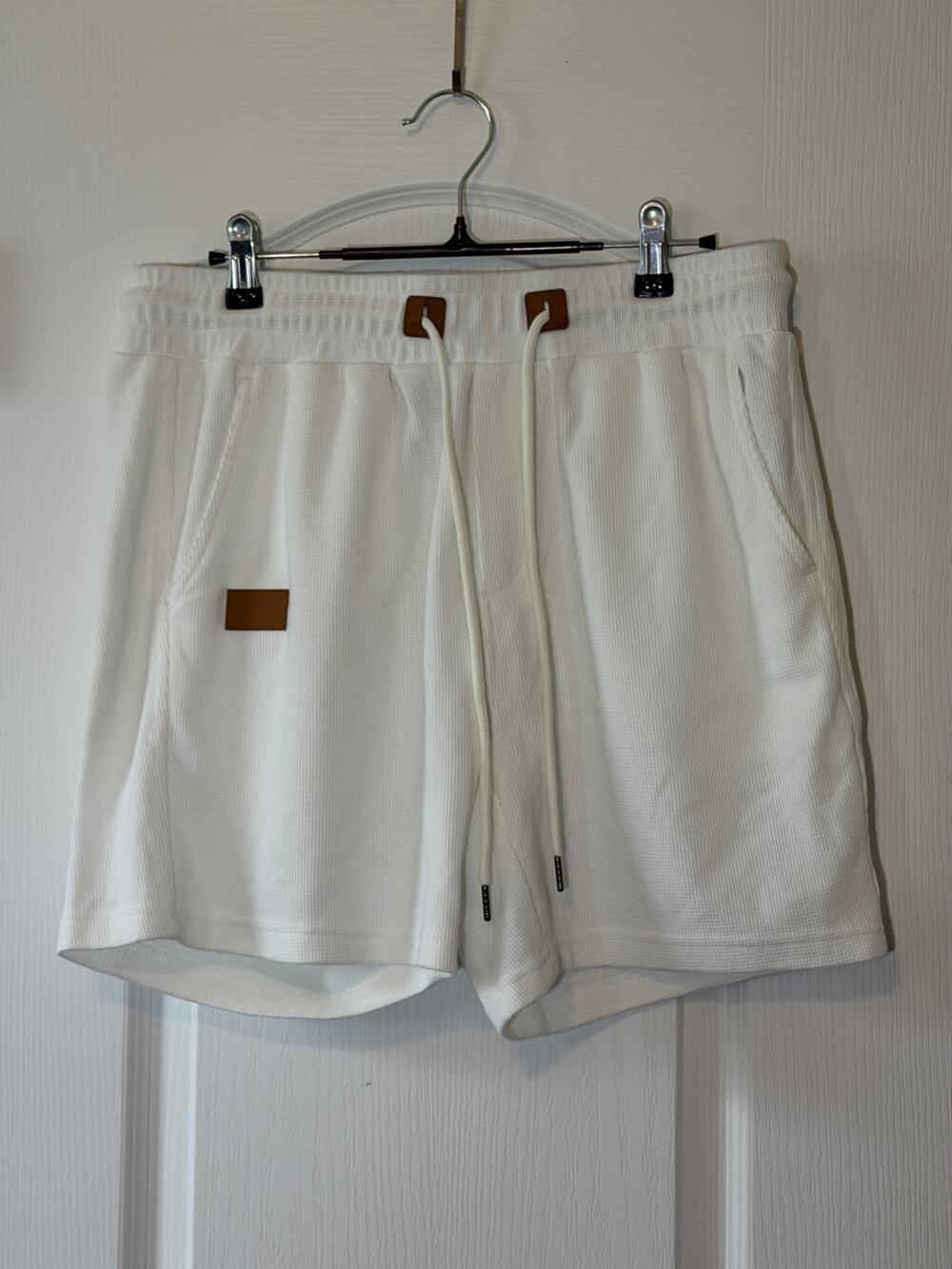 JMIERR Mens Size 34 Waffle Knit Shorts Casual Drawstring White Elastic Waist